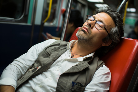 男子靠在地铁座位上睡觉背景图片