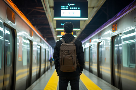 背包男子在地铁站台上背景图片