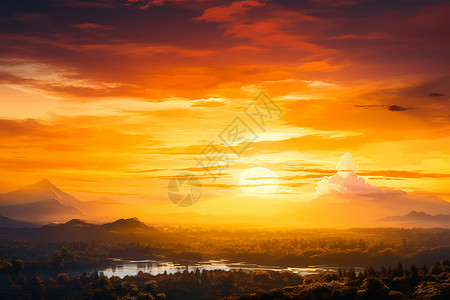 山脉夕阳照湖泊背景图片