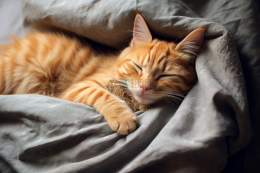 橘猫睡在床上图片