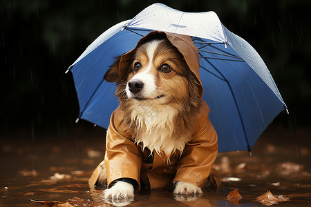 一把伞为小狗遮挡雨水高清图片