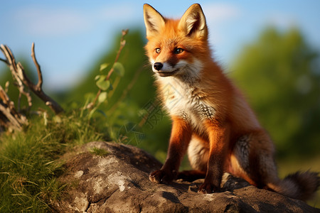 石炮台公园可爱的小狐狸呆坐在石头上背景