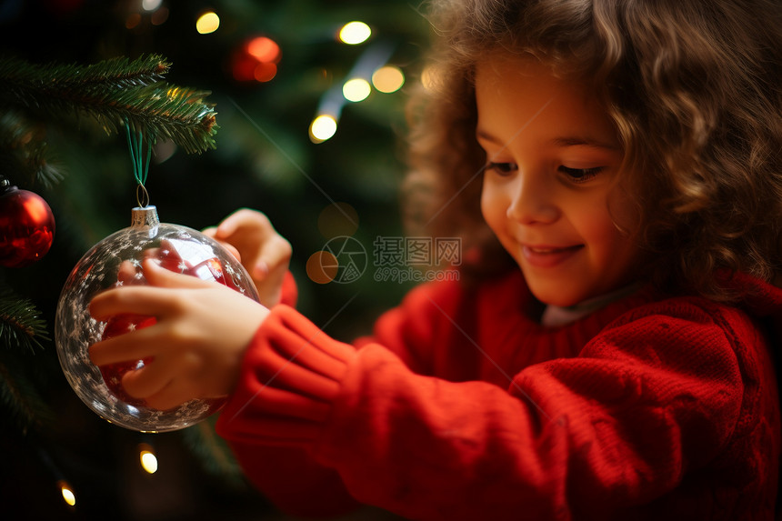可爱的小女孩装饰圣诞树图片