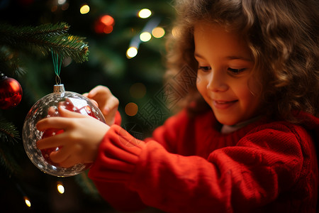 可爱的小女孩装饰圣诞树背景图片