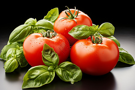 西红柿叶新鲜美味番茄与罗勒叶背景