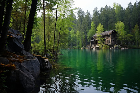 森林湖边倒影湖边的房子背景