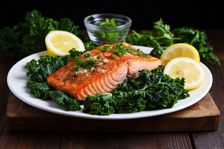 鲑鱼替代品一盘鲑鱼和绿色蔬菜背景