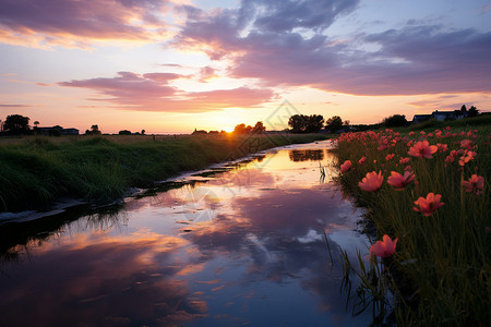 粉色花朵前的小河日落背景图片