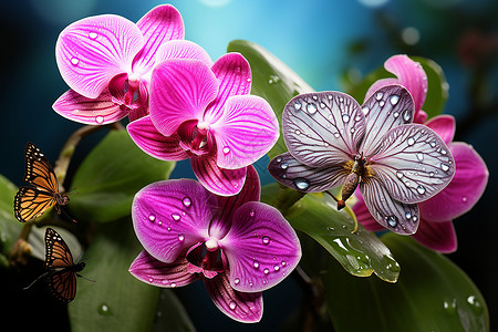 蝴蝶舞动中的紫色兰花背景图片