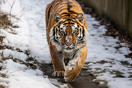 老虎捕食穿越雪地的老虎背景