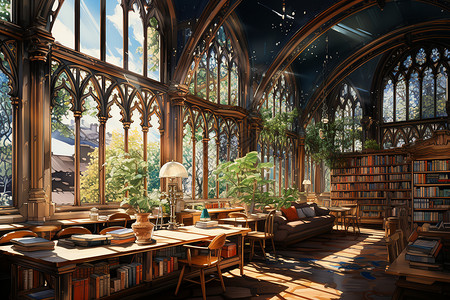 木质的图书馆桌椅背景图片