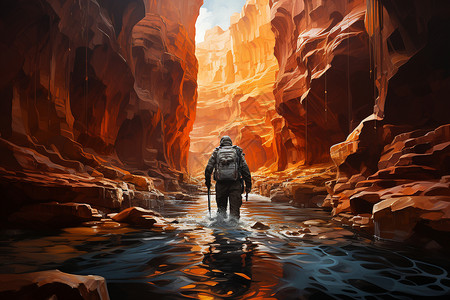 峡谷探险峡谷下的探险男性插画