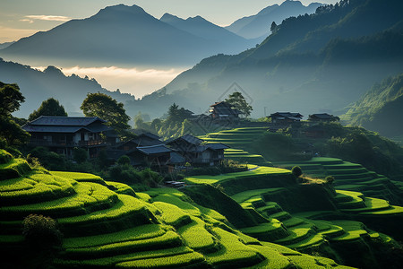 户外山坡上的梯田和房屋背景图片