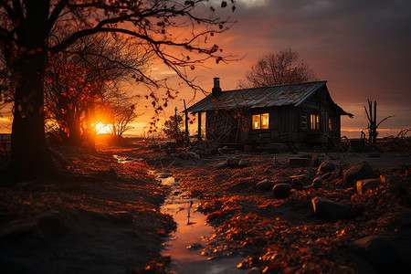 夕阳下溪畔的小屋背景图片