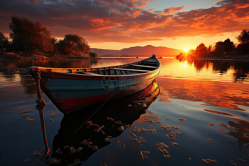 夕阳下湖畔的小船图片