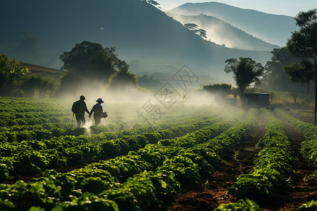 田地里面灌溉农药的农民背景图片
