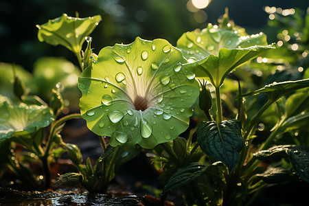 清晨的露珠萦绕绿色植物背景图片