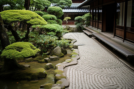 祗园花见小路园林中的建筑和石路背景