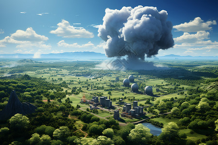 核设施田野上的核电站插画