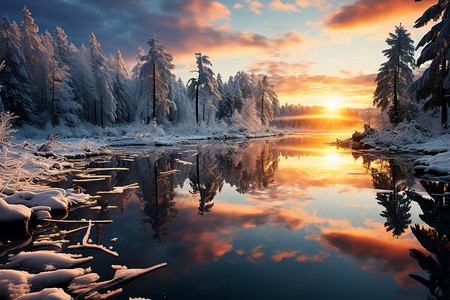 黄昏雪景冬日的湖面倒影背景