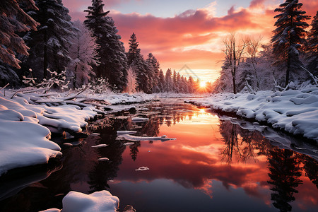 大雪的森林冬天黄昏高清图片