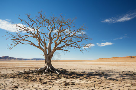 干涸的沙漠中的枯树背景
