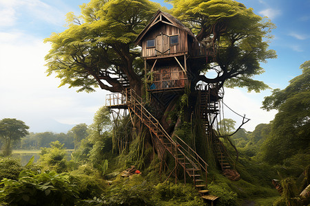 树上的小屋瞭望塔丛林屋高清图片