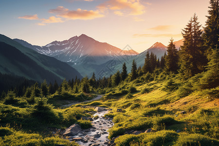 山脚下森林山脚下的溪流背景