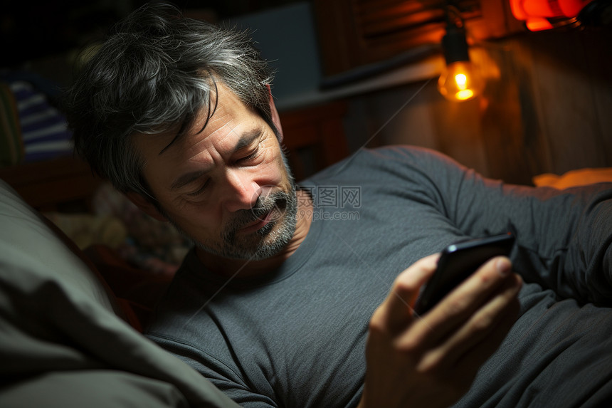 中年男子躺在床上使用手机图片