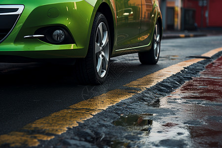 雨中的绿色汽车背景图片