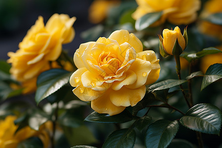水滴点缀的黄玫瑰背景图片