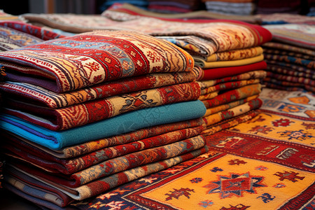 高质量毛毯堆在桌子上的彩色地毯背景