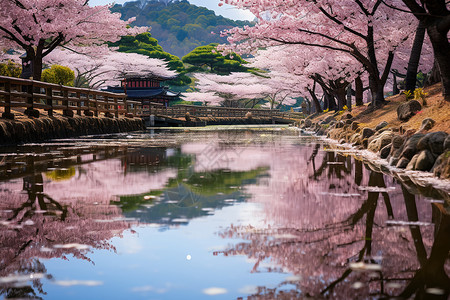 樱花飘落的河面背景图片