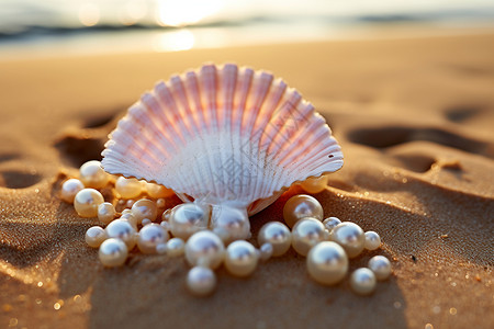 沙滩上的海贝和珍珠背景图片