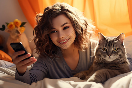 女孩与猫清晨自拍的美女与猫背景