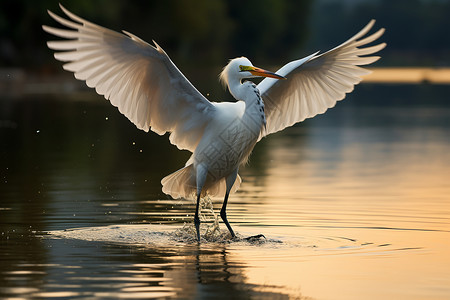 白鹭翅展水中映影背景图片