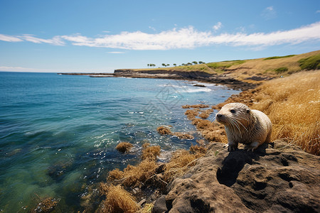 站在岩石上的海狮背景图片