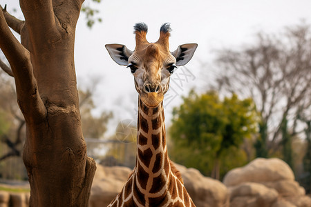 动物园里可爱的长颈鹿背景图片