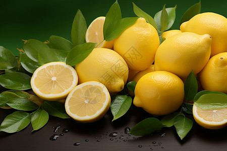 带叶柠檬带叶和水滴的柠檬背景