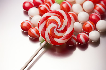 美味节日红色螺旋糖果中的绿苹果甜美口感的糖果棒棒糖背景图片