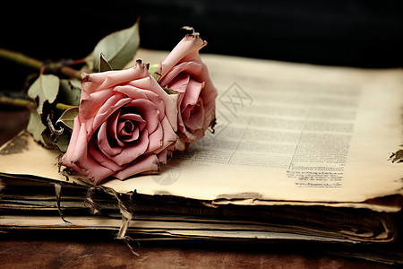 古老书页上的玫瑰花背景图片