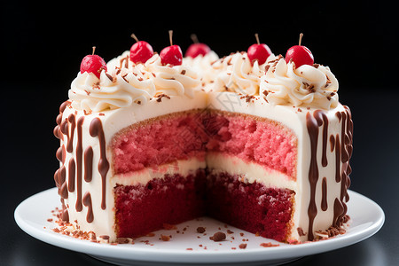 美味的奶油红丝绒蛋糕背景图片