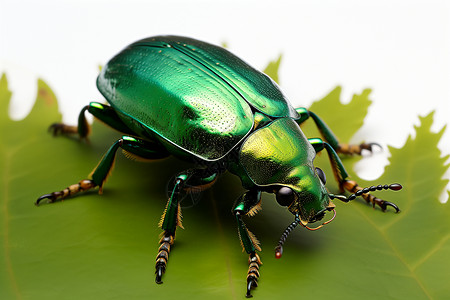 青绿色甲虫静静坐在叶子上背景图片