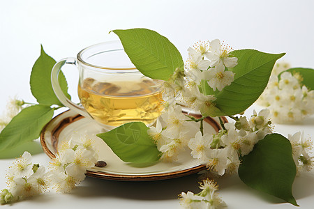 盘子里一杯清澈的茶和花朵高清图片