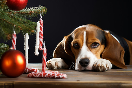 独自在圣诞树旁躺着的狗狗背景图片