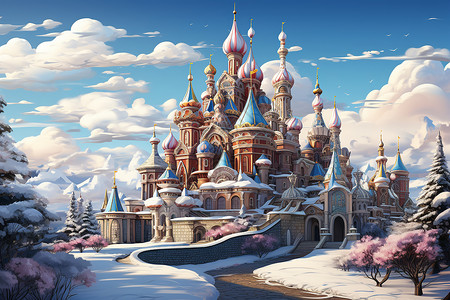 冬日童话雪景中的城堡建筑高清图片