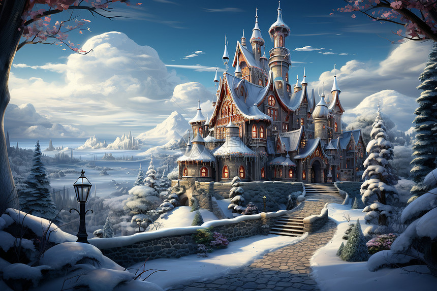 冬日童话城堡的创意插图图片