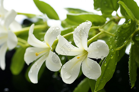 挂满水滴的白色花朵背景图片