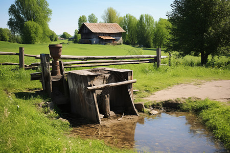 乡村小路上的水井背景图片