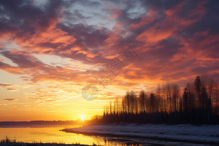 日出冬日丛林湖泊的美丽景观背景图片